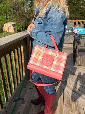 Coach GARDEN PARTY! Pink Plaid canvas/Leather-Trim Tote Bag